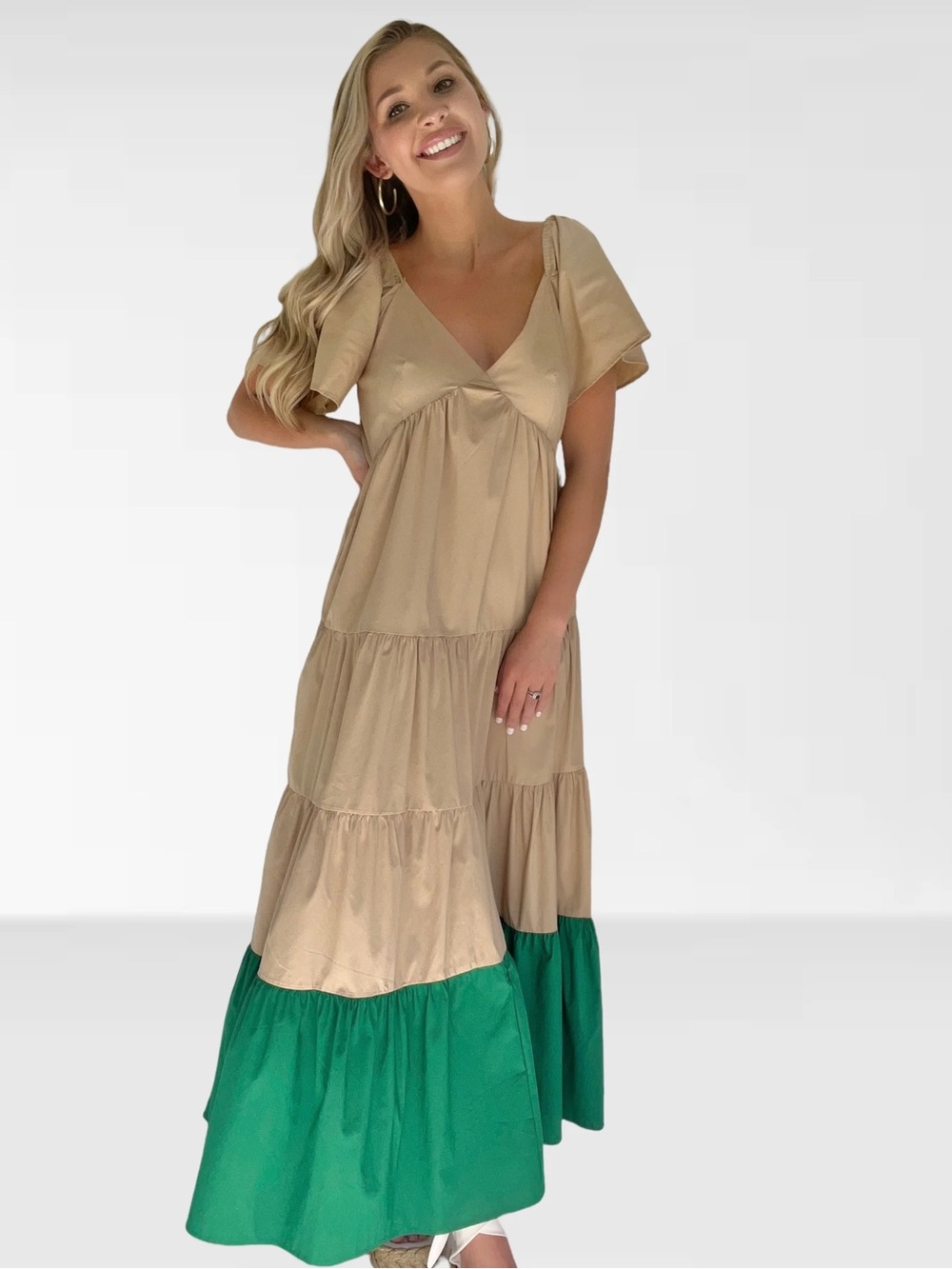Tiered V-Neck Maxi Dress in Tan and Green